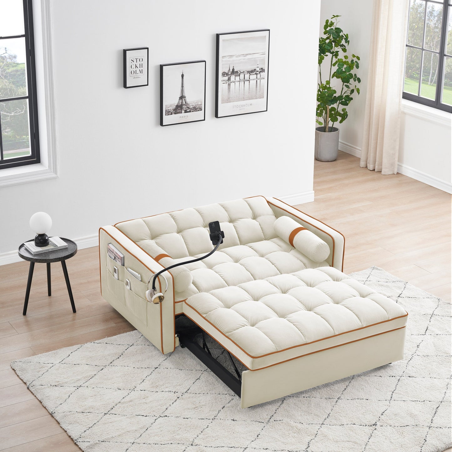 Beige 55'' Velvet Convertible 2-Seater Sleeper Sofa with Adjustable Recline, Pull-Out Bed, Side Pockets, and Phone Holder