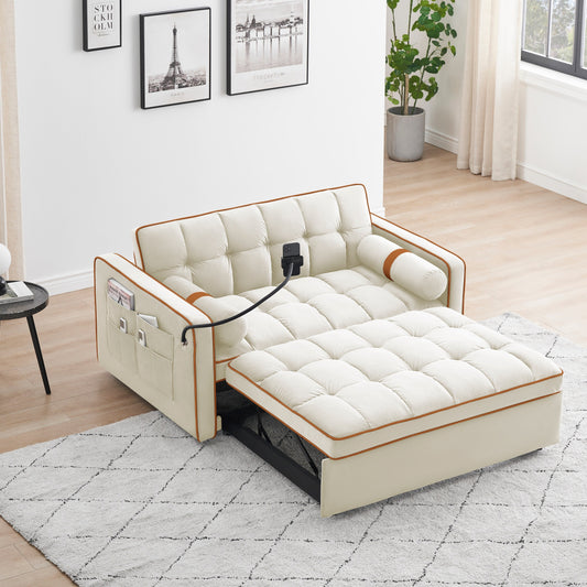 Beige 55'' Velvet Convertible 2-Seater Sleeper Sofa with Adjustable Recline, Pull-Out Bed, Side Pockets, and Phone Holder