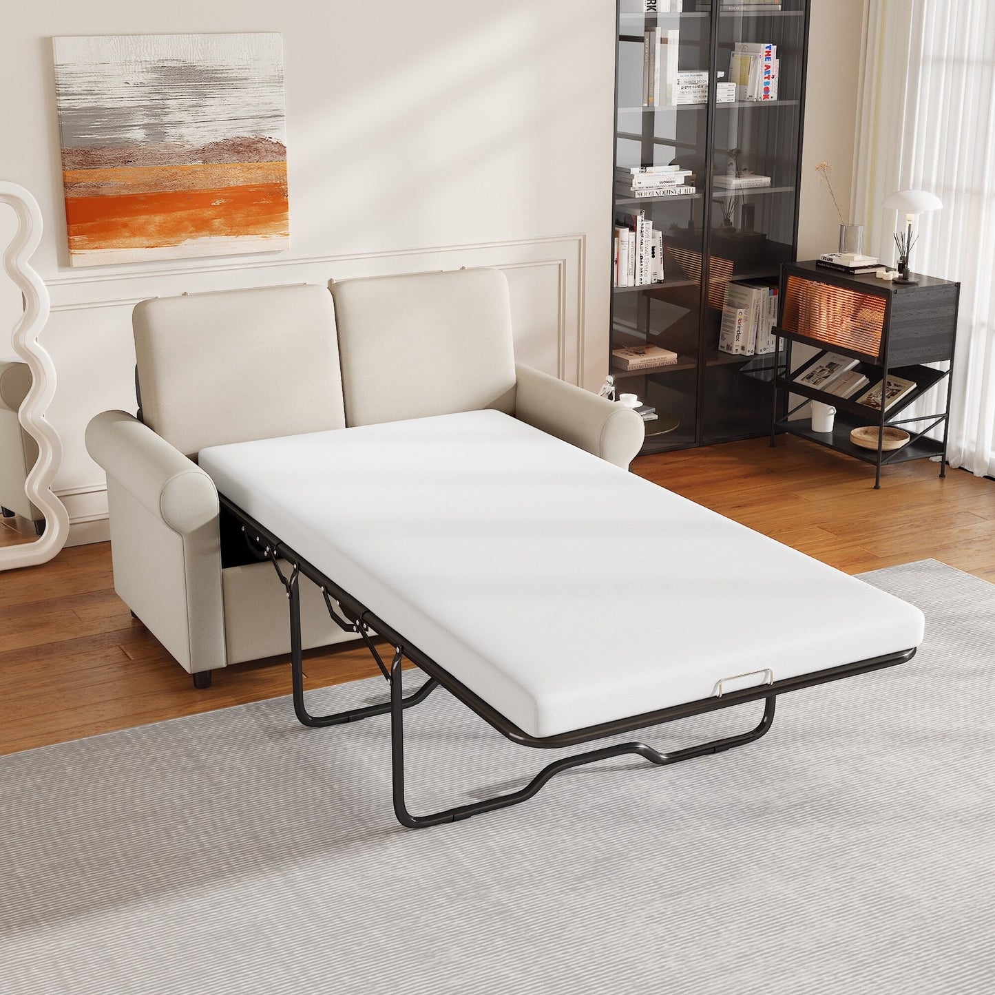 Beige 57.4 2-in-1 Velvet Loveseat Pull Out Sofa Bed with Premium Twin Size Mattress Pad and Two USB Ports