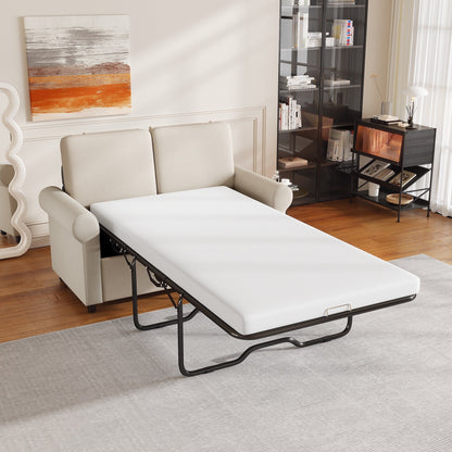 Beige 57.4 2-in-1 Velvet Loveseat Pull Out Sofa Bed with Premium Twin Size Mattress Pad and Two USB Ports