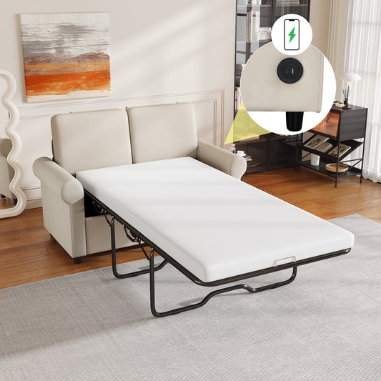 Beige 57.4 2-in-1 Velvet Loveseat Pull Out Sofa Bed with Premium Twin Size Mattress Pad and Two USB Ports
