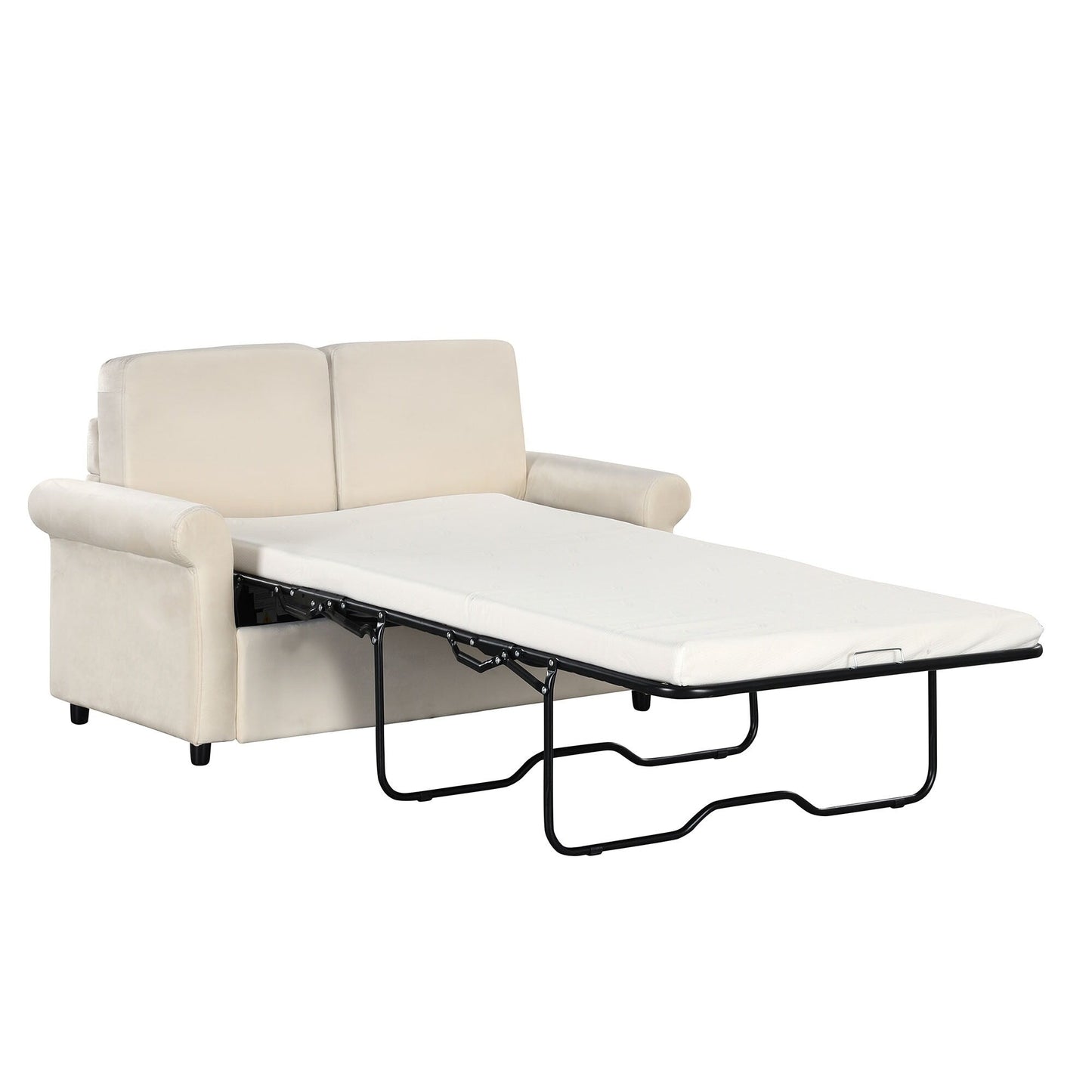 Beige 57.4 2-in-1 Velvet Loveseat Pull Out Sofa Bed with Premium Twin Size Mattress Pad and Two USB Ports