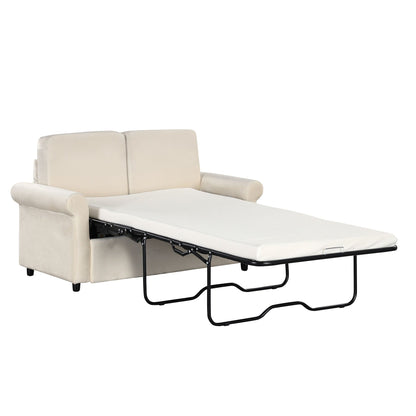 Beige 57.4 2-in-1 Velvet Loveseat Pull Out Sofa Bed with Premium Twin Size Mattress Pad and Two USB Ports