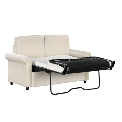 Beige 57.4 2-in-1 Velvet Loveseat Pull Out Sofa Bed with Premium Twin Size Mattress Pad and Two USB Ports