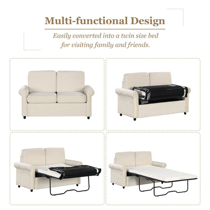Beige 57.4 2-in-1 Velvet Loveseat Pull Out Sofa Bed with Premium Twin Size Mattress Pad and Two USB Ports