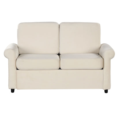 Beige 57.4 2-in-1 Velvet Loveseat Pull Out Sofa Bed with Premium Twin Size Mattress Pad and Two USB Ports