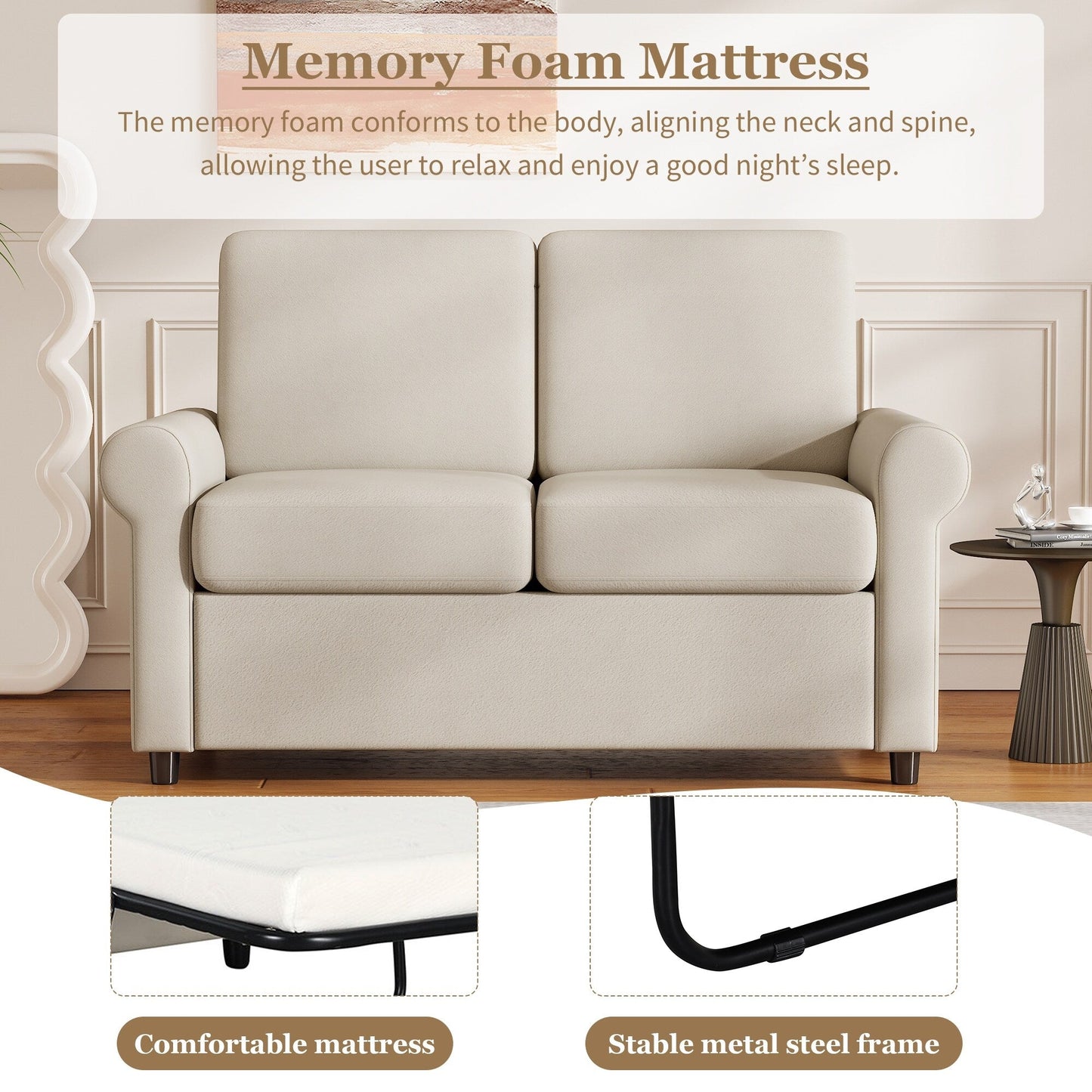 Beige 57.4 2-in-1 Velvet Loveseat Pull Out Sofa Bed with Premium Twin Size Mattress Pad and Two USB Ports