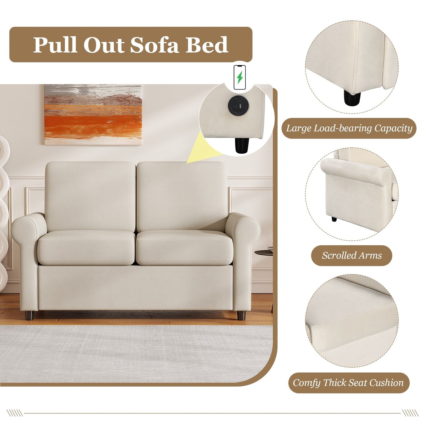 Beige 57.4 2-in-1 Velvet Loveseat Pull Out Sofa Bed with Premium Twin Size Mattress Pad and Two USB Ports