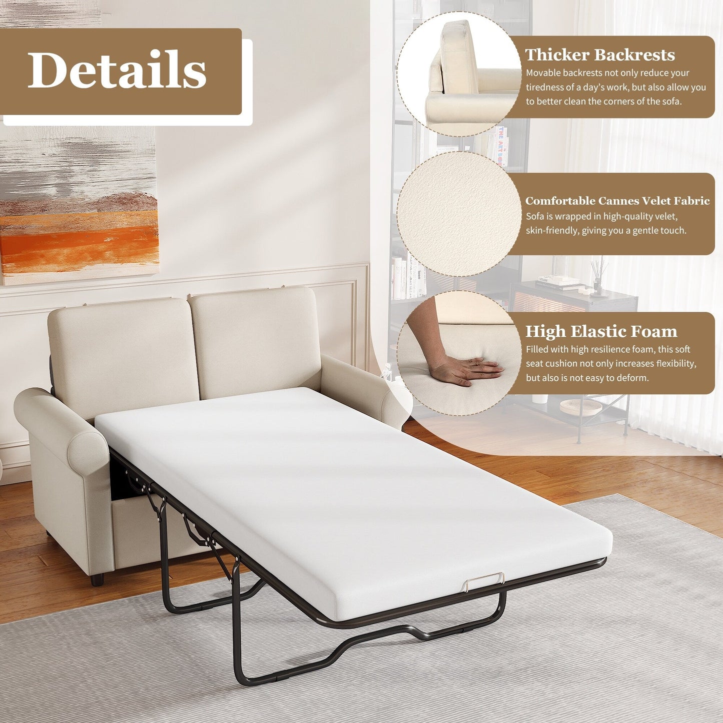 Beige 57.4 2-in-1 Velvet Loveseat Pull Out Sofa Bed with Premium Twin Size Mattress Pad and Two USB Ports