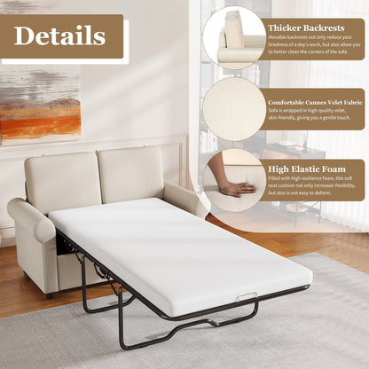 Beige 57.4 2-in-1 Velvet Loveseat Pull Out Sofa Bed with Premium Twin Size Mattress Pad and Two USB Ports
