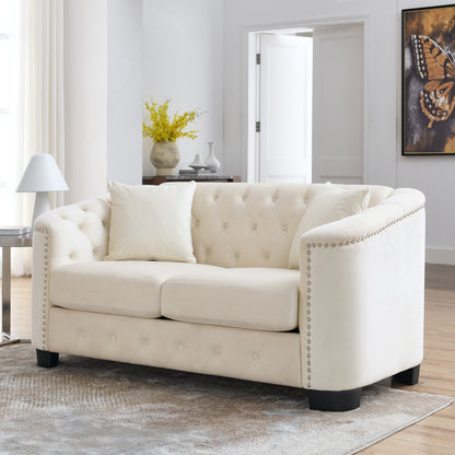 Beige 59'' Modern Velvet 2-Seater Sofa with Tufted Backrest and Nailhead Arms