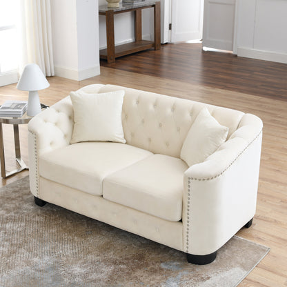 Beige 59'' Modern Velvet 2-Seater Sofa with Tufted Backrest and Nailhead Arms