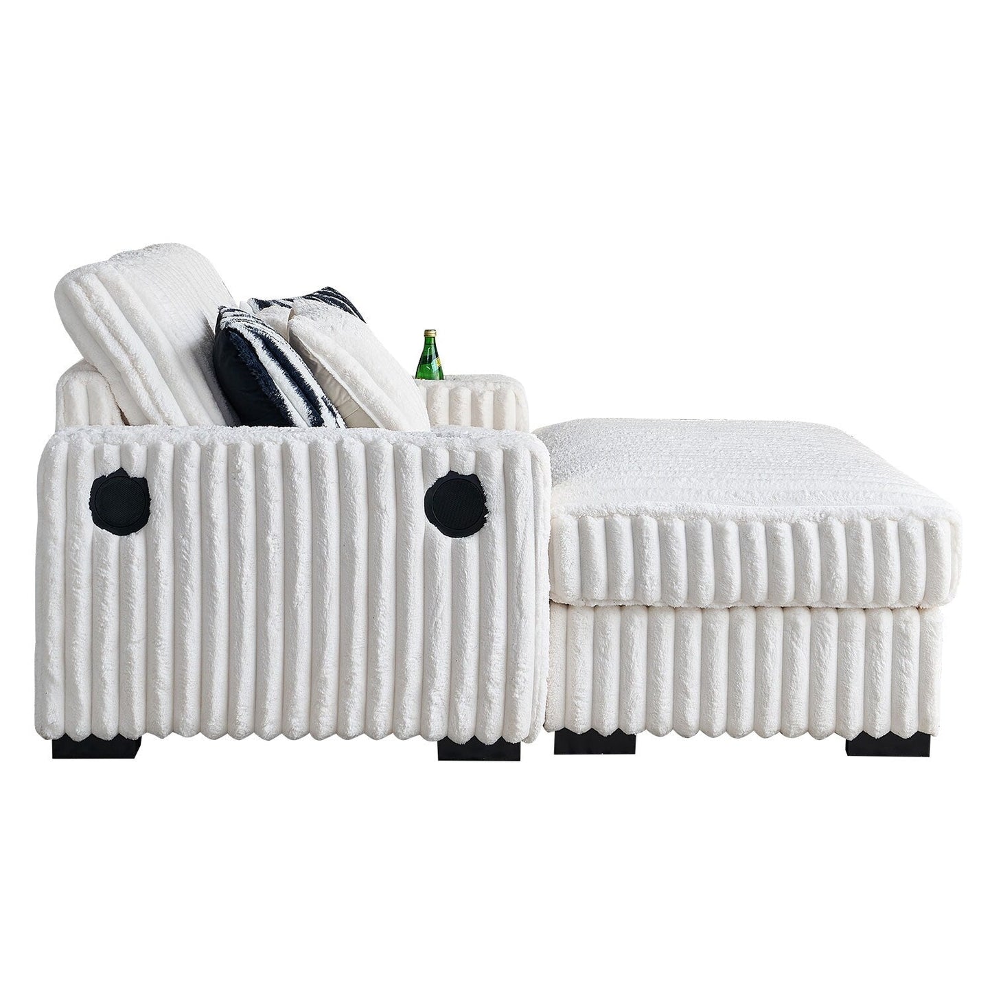 Beige 61.42 Corduroy Square Arm Loveseat Sofa with Ottoman, Bluetooth Speaker, Wireless Charger, USB Ports, Cupholder