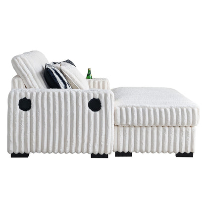 Beige 61.42 Corduroy Square Arm Loveseat Sofa with Ottoman, Bluetooth Speaker, Wireless Charger, USB Ports, Cupholder