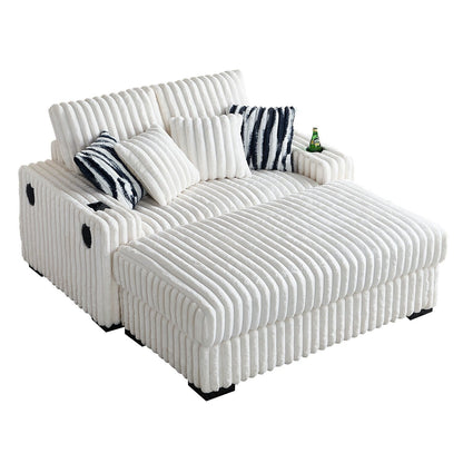 Beige 61.42 Corduroy Square Arm Loveseat Sofa with Ottoman, Bluetooth Speaker, Wireless Charger, USB Ports, Cupholder