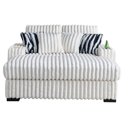 Beige 61.42 Corduroy Square Arm Loveseat Sofa with Ottoman, Bluetooth Speaker, Wireless Charger, USB Ports, Cupholder