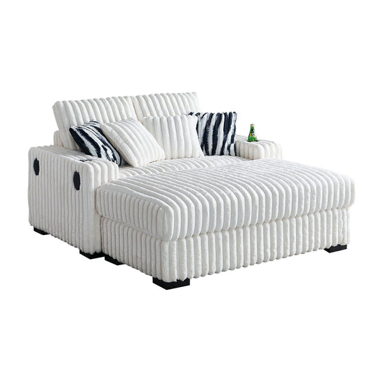 Beige 61.42 Corduroy Square Arm Loveseat Sofa with Ottoman, Bluetooth Speaker, Wireless Charger, USB Ports, Cupholder