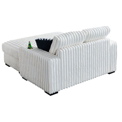 Beige 61.42 Corduroy Square Arm Loveseat Sofa with Ottoman, Bluetooth Speaker, Wireless Charger, USB Ports, Cupholder