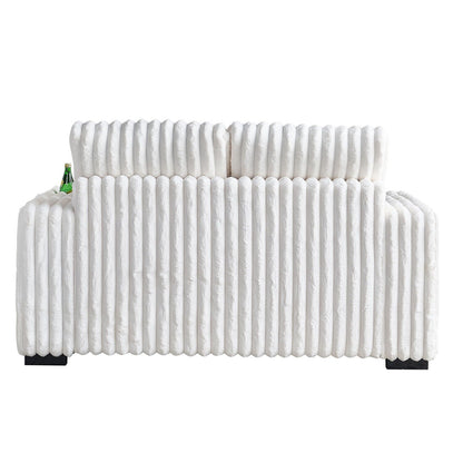 Beige 61.42 Corduroy Square Arm Loveseat Sofa with Ottoman, Bluetooth Speaker, Wireless Charger, USB Ports, Cupholder