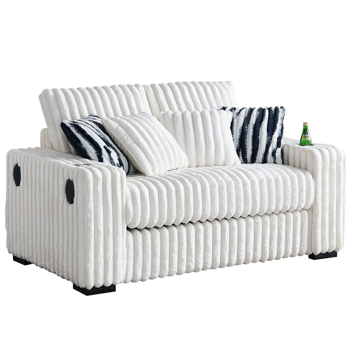 Beige 61.42 Corduroy Square Arm Loveseat Sofa with Ottoman, Bluetooth Speaker, Wireless Charger, USB Ports, Cupholder