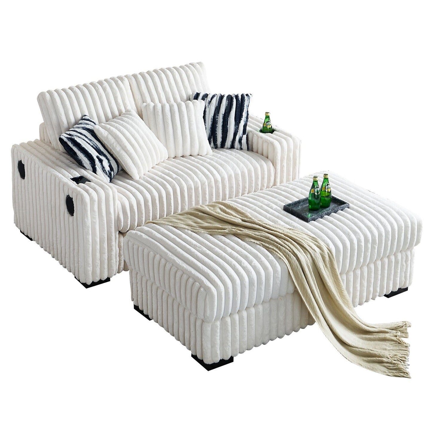 Beige 61.42 Corduroy Square Arm Loveseat Sofa with Ottoman, Bluetooth Speaker, Wireless Charger, USB Ports, Cupholder
