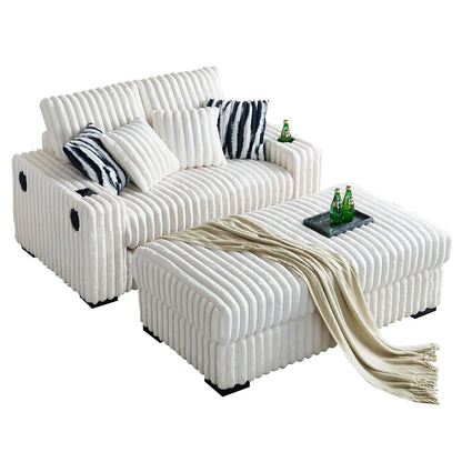 Beige 61.42 Corduroy Square Arm Loveseat Sofa with Ottoman, Bluetooth Speaker, Wireless Charger, USB Ports, Cupholder