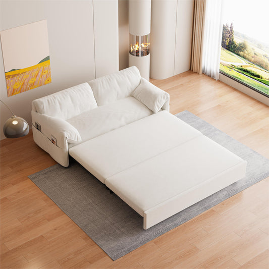 Beige 63.8 3-in-1 Velvet Loveseat Pull Out Sofa Bed with Side Storage for Living Room