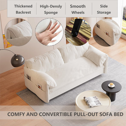 Beige 63.8 3-in-1 Velvet Loveseat Pull Out Sofa Bed with Side Storage for Living Room