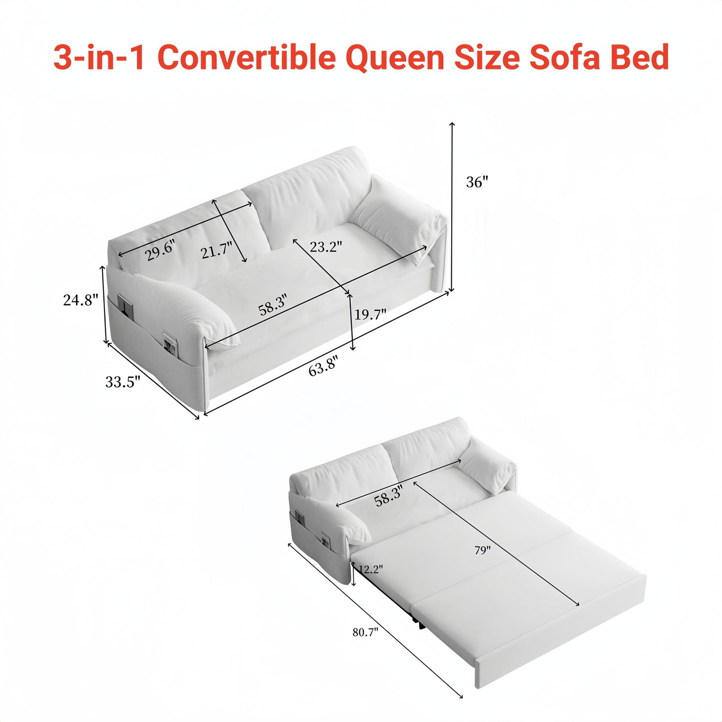Beige 63.8 3-in-1 Velvet Loveseat Pull Out Sofa Bed with Side Storage for Living Room
