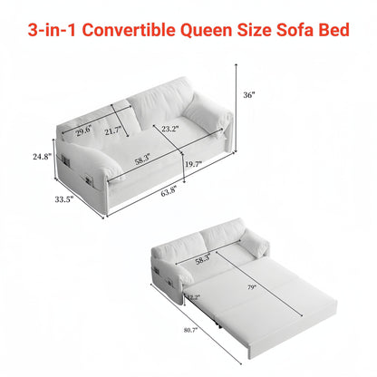 Beige 63.8 3-in-1 Velvet Loveseat Pull Out Sofa Bed with Side Storage for Living Room