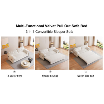 Beige 63.8 3-in-1 Velvet Loveseat Pull Out Sofa Bed with Side Storage for Living Room