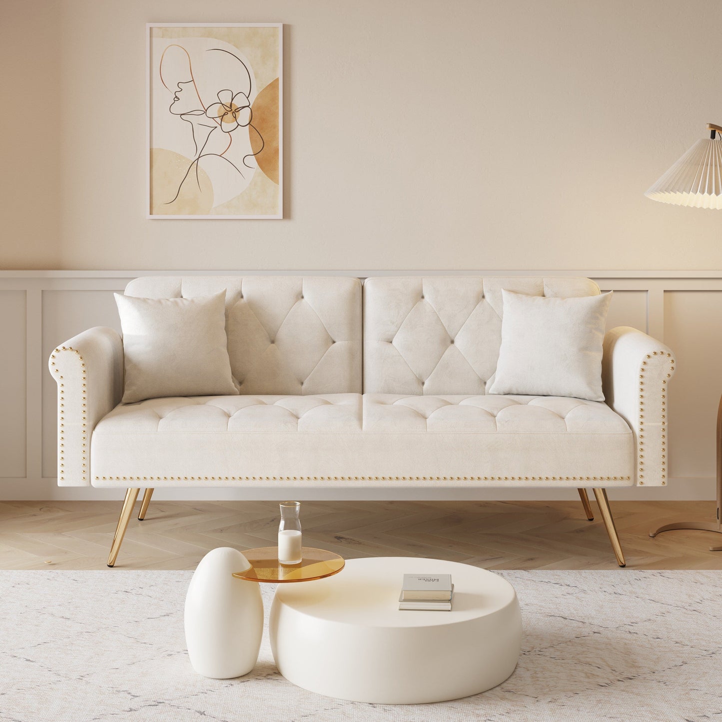 Beige 69.7 Velvet Convertible Loveseat Sofa Bed with Pillow and Nailheads for Living Room