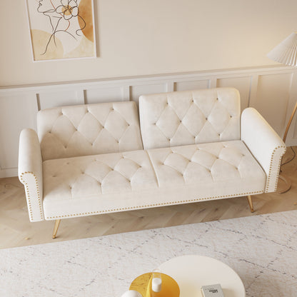 Beige 69.7 Velvet Convertible Loveseat Sofa Bed with Pillow and Nailheads for Living Room