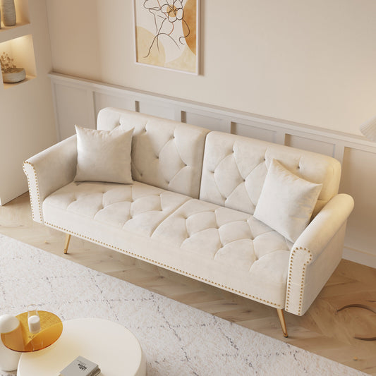 Beige 69.7 Velvet Convertible Loveseat Sofa Bed with Pillow and Nailheads for Living Room