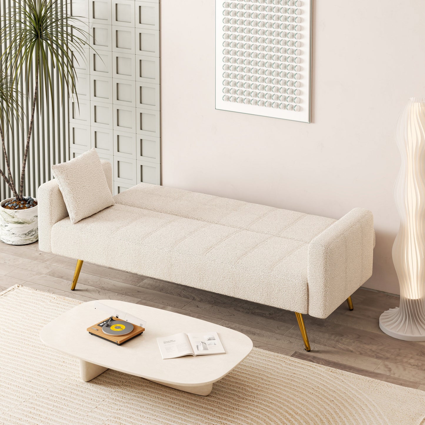 Beige 73.6 Loveseat Multifunctional Double Folding Sofa Bed with Metal Leg and Pillow for Living Room