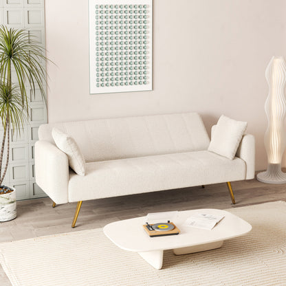 Beige 73.6 Loveseat Multifunctional Double Folding Sofa Bed with Metal Leg and Pillow for Living Room