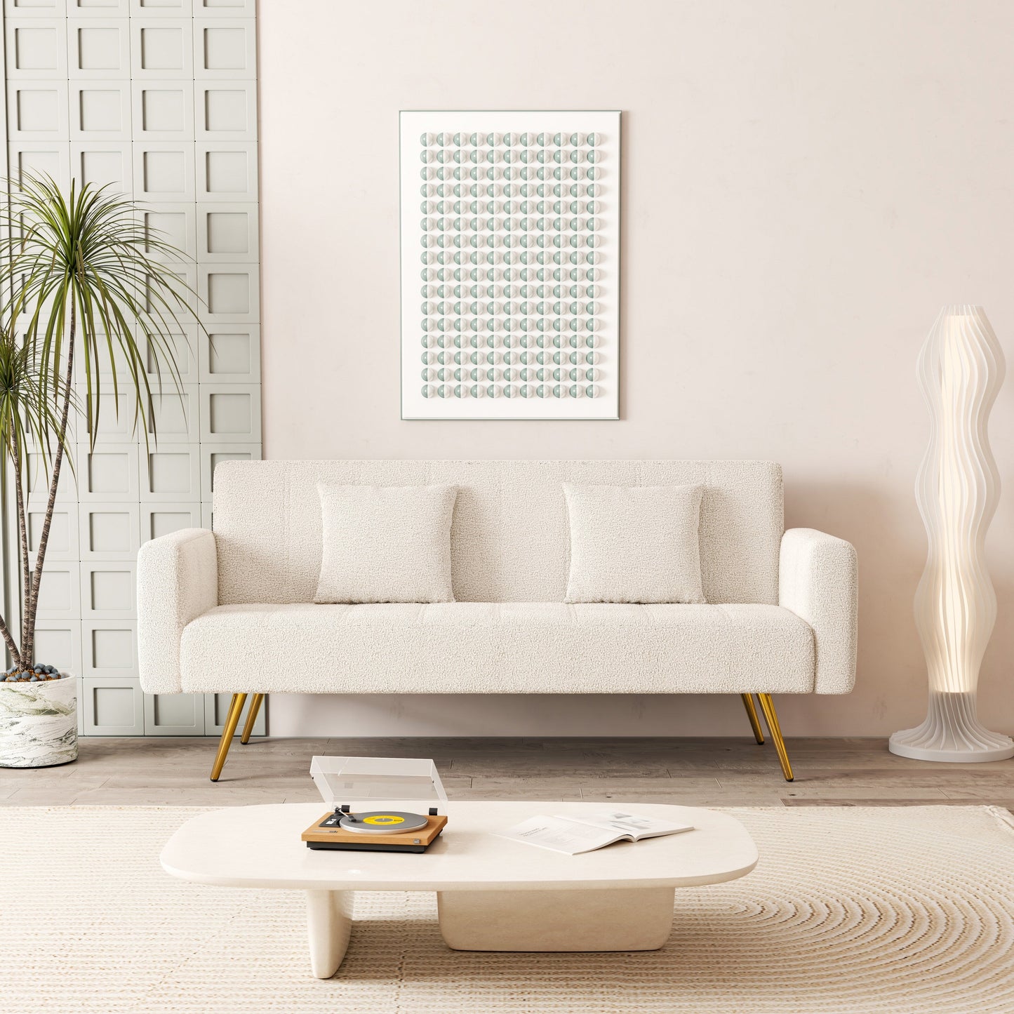Beige 73.6 Loveseat Multifunctional Double Folding Sofa Bed with Metal Leg and Pillow for Living Room