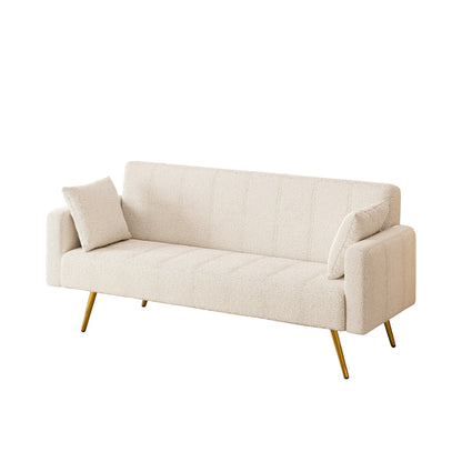 Beige 73.6 Loveseat Multifunctional Double Folding Sofa Bed with Metal Leg and Pillow for Living Room