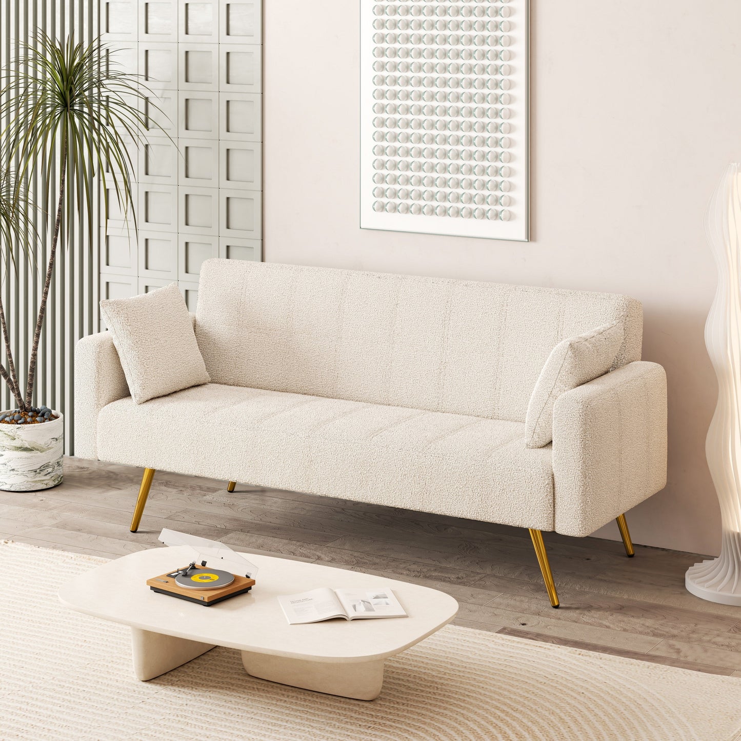 Beige 73.6 Loveseat Multifunctional Double Folding Sofa Bed with Metal Leg and Pillow for Living Room