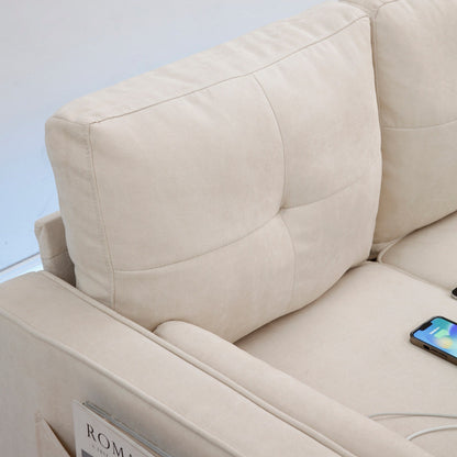 Beige 75.2'' Fabric Convertible Sofa, 3-Seater with Storage Ottoman, 2 USB Ports, LED Lights, and Wooden Legs