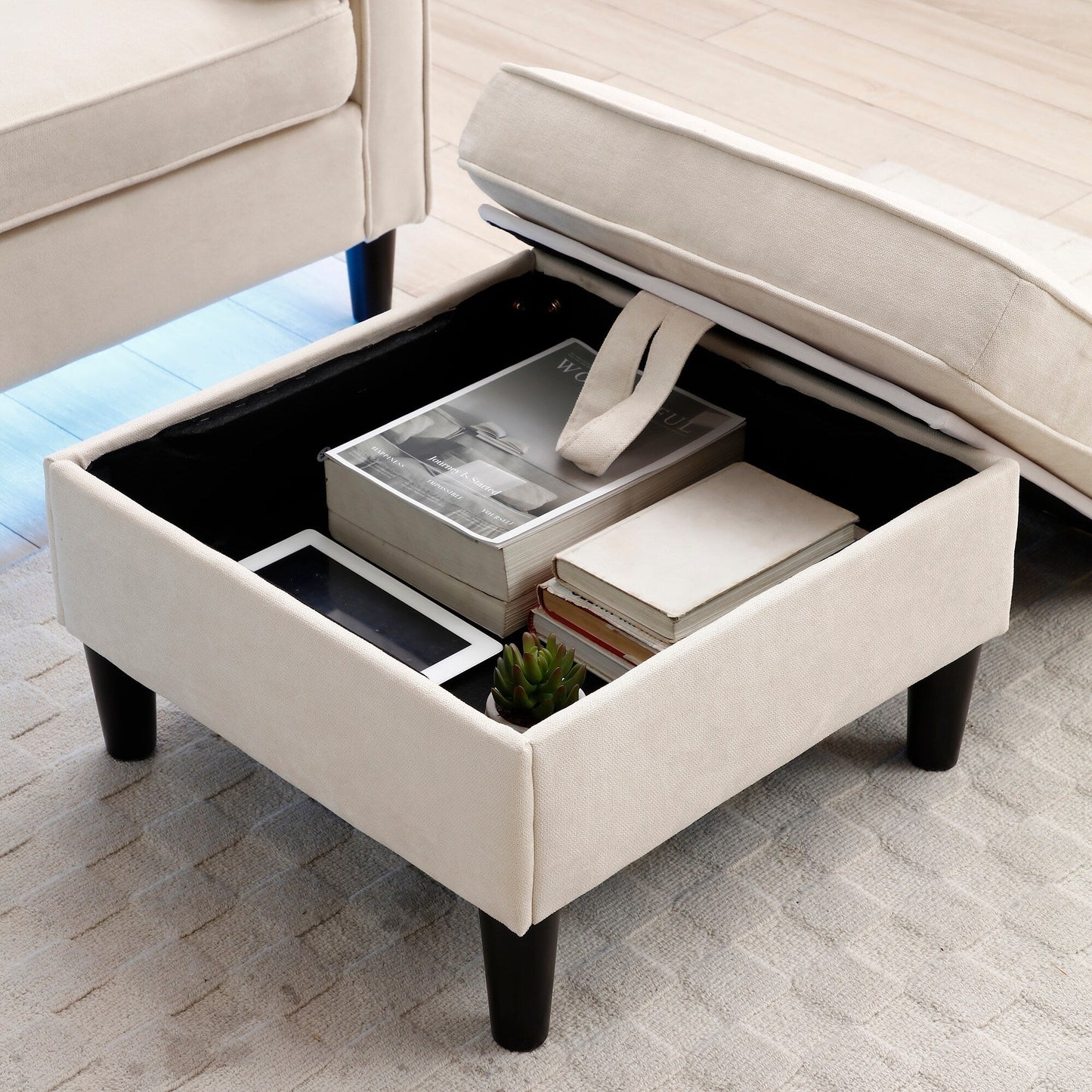 Beige 75.2'' Fabric Convertible Sofa, 3-Seater with Storage Ottoman, 2 USB Ports, LED Lights, and Wooden Legs