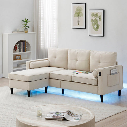 Beige 75.2'' Fabric Convertible Sofa, 3-Seater with Storage Ottoman, 2 USB Ports, LED Lights, and Wooden Legs