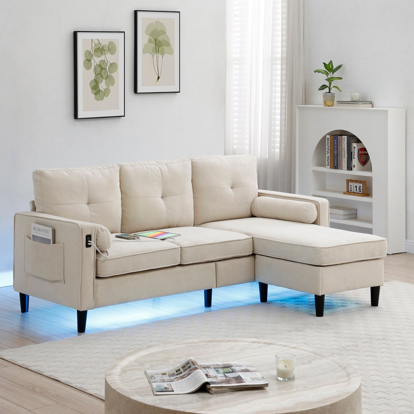 Beige 75.2'' Fabric Convertible Sofa, 3-Seater with Storage Ottoman, 2 USB Ports, LED Lights, and Wooden Legs