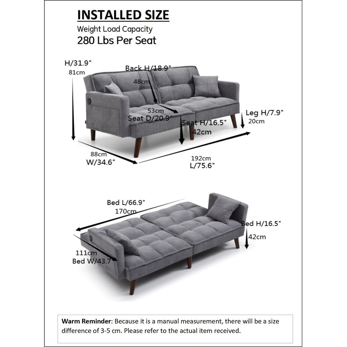 Beige 75.6 Chenille Loveseat Sofa Bed with USB Charging Port and Adjustable Backrest for Living Room