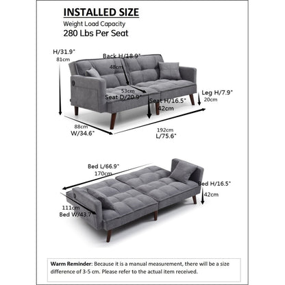 Beige 75.6 Chenille Loveseat Sofa Bed with USB Charging Port and Adjustable Backrest for Living Room