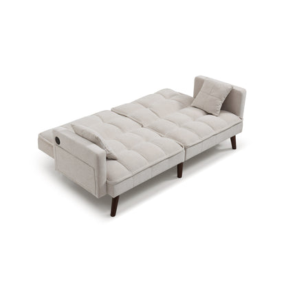Beige 75.6 Chenille Loveseat Sofa Bed with USB Charging Port and Adjustable Backrest for Living Room