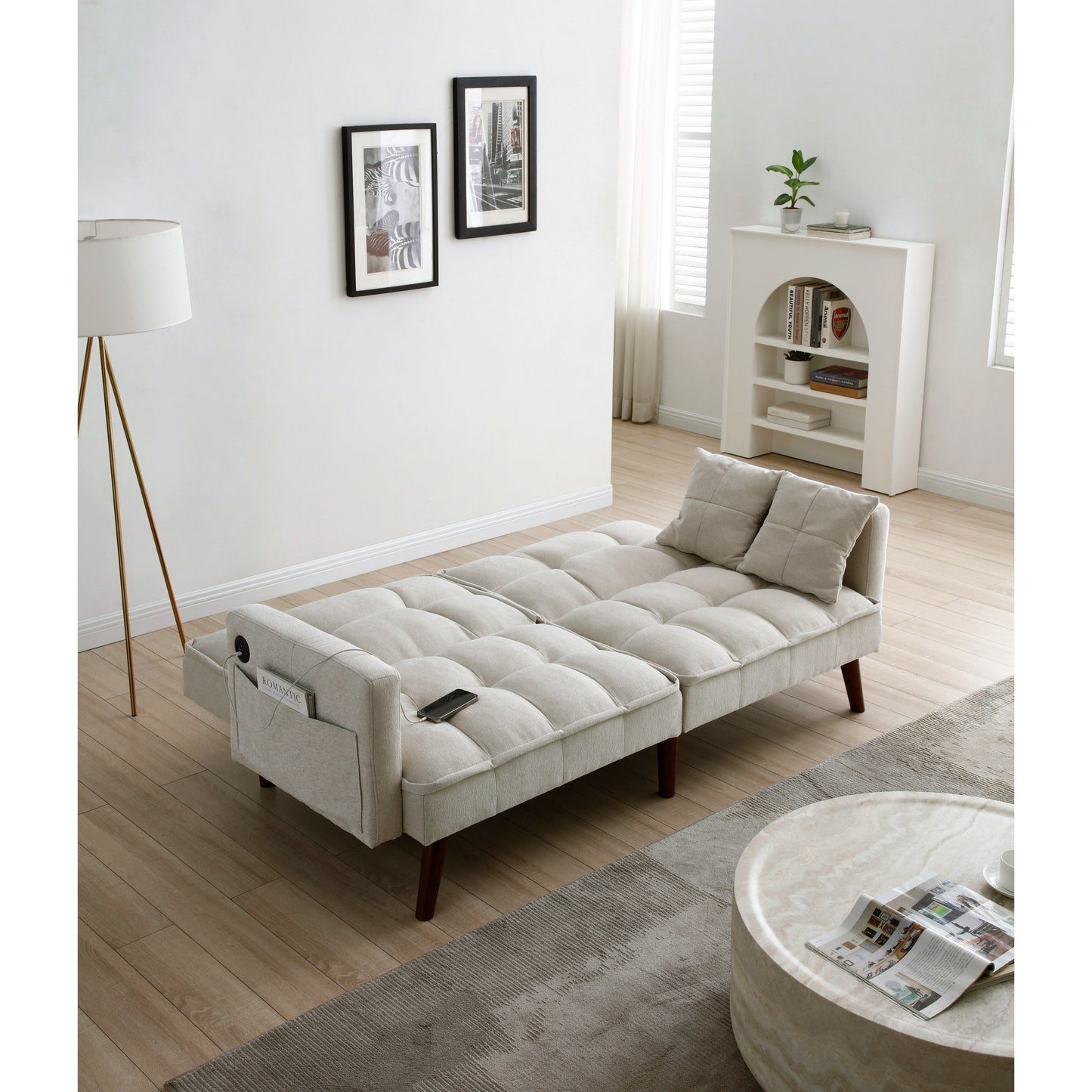 Beige 75.6 Chenille Loveseat Sofa Bed with USB Charging Port and Adjustable Backrest for Living Room
