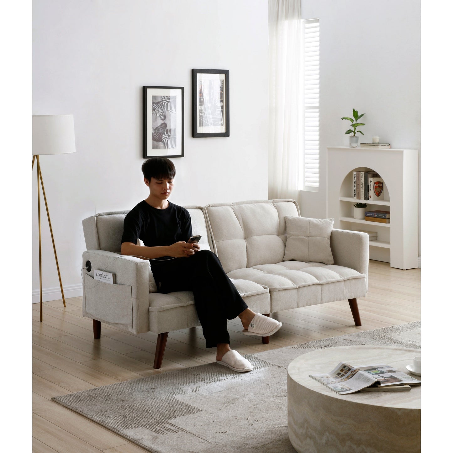 Beige 75.6 Chenille Loveseat Sofa Bed with USB Charging Port and Adjustable Backrest for Living Room