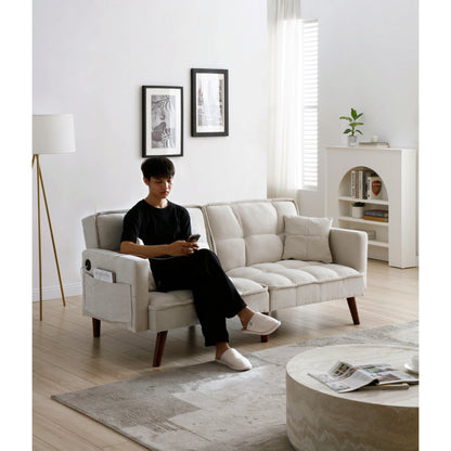 Beige 75.6 Chenille Loveseat Sofa Bed with USB Charging Port and Adjustable Backrest for Living Room