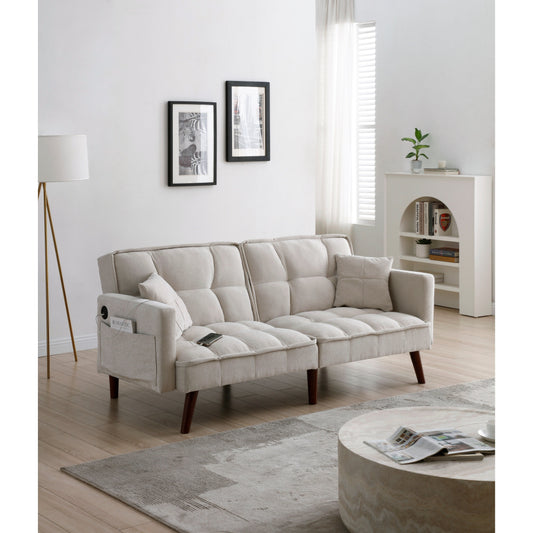 Beige 75.6 Chenille Loveseat Sofa Bed with USB Charging Port and Adjustable Backrest for Living Room